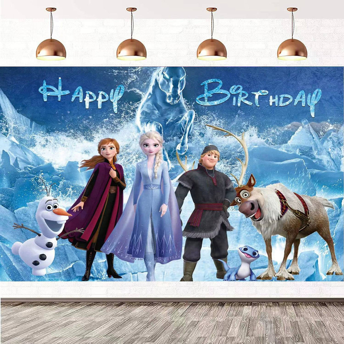 Frozen-themed birthday decorations and tableware set featuring colorful banners, plates, and cups for party celebrations.