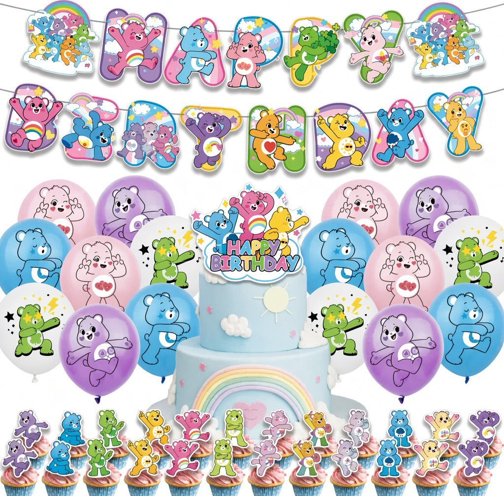 Colorful Care Bears birthday party decorations featuring plush bears, balloons, and banners for celebration and festive decor.