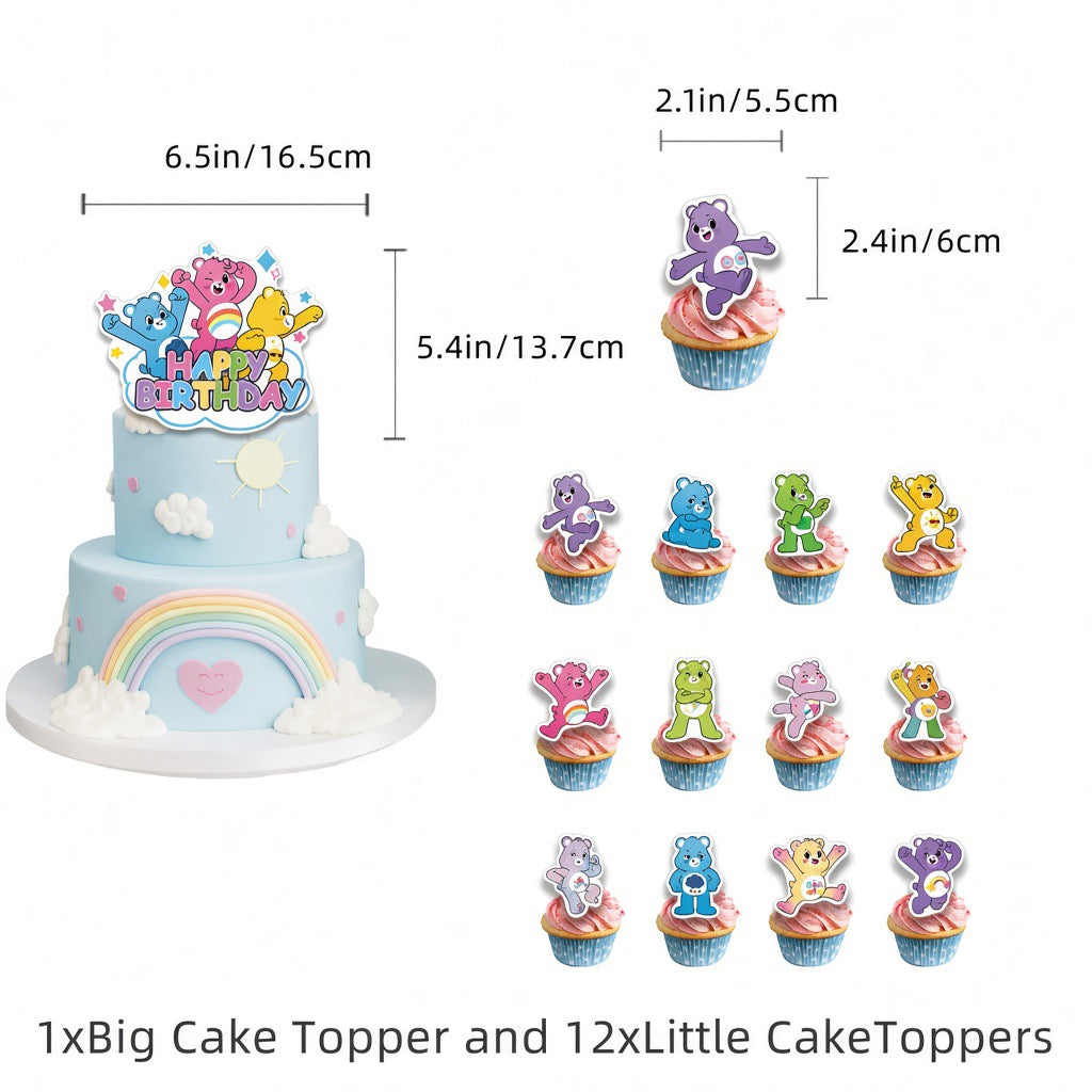 Colorful Care Bears birthday party decorations including banners, balloons, and themed tableware for celebration events.