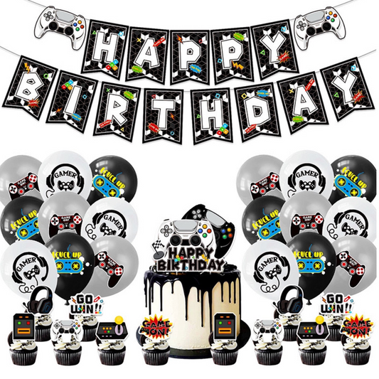 Black and white gamer-themed birthday party decorations with gaming icons and banners for a festive celebration.