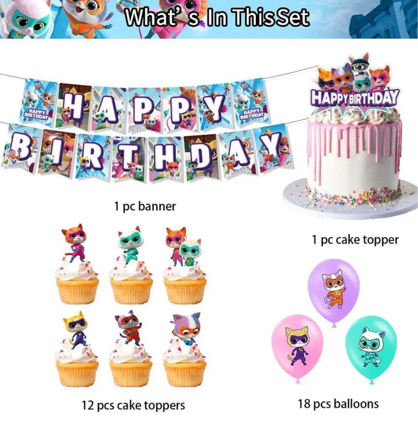 Ensemble de décorations pour fête d'anniversaire Super Kitties