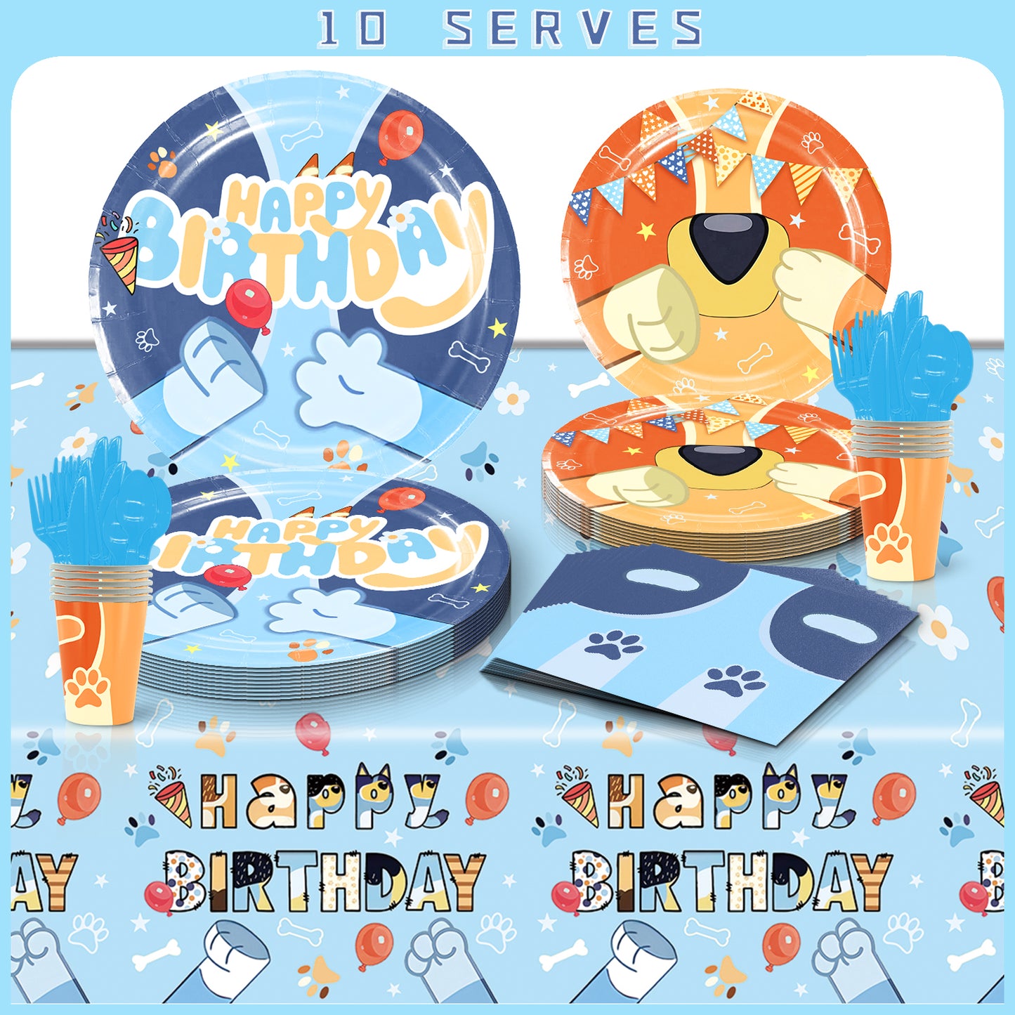 Bluey birthday party decorations and tableware set for kids parties.
