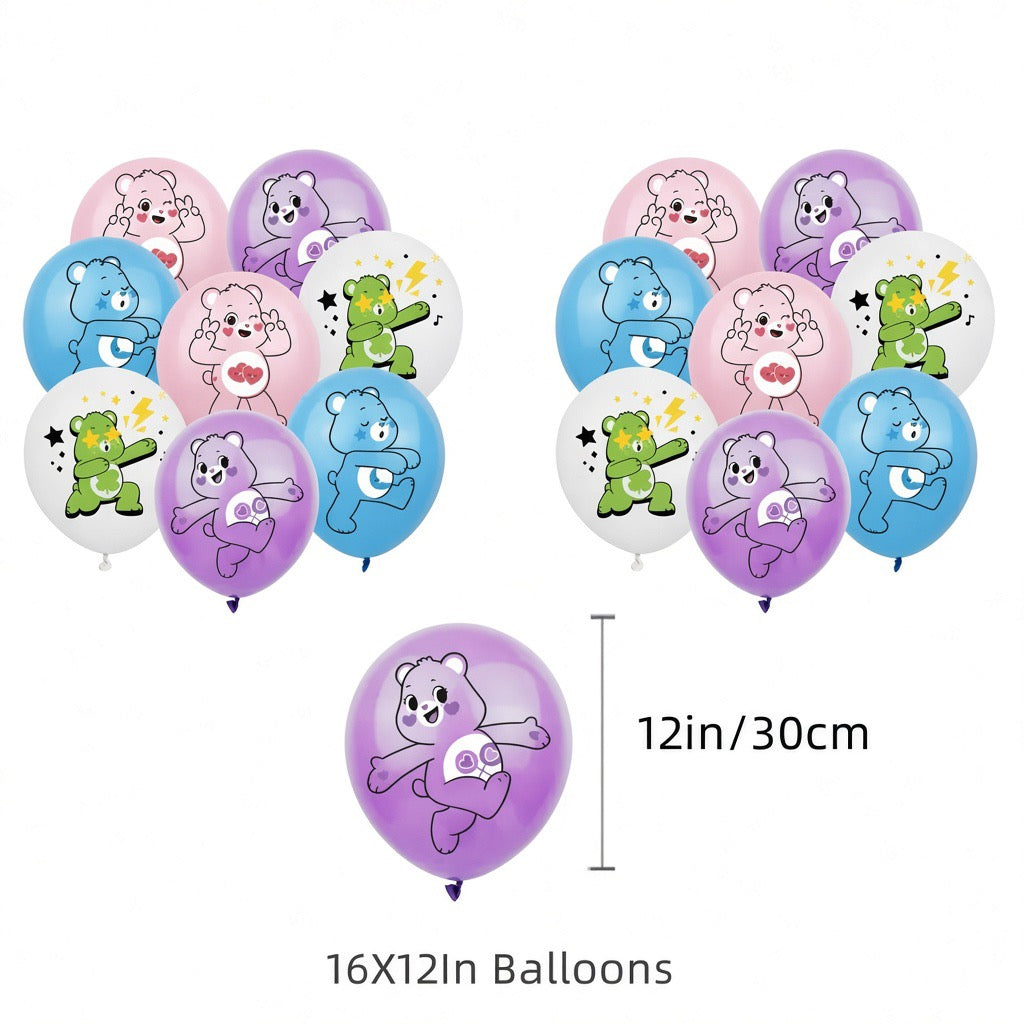 Colorful Care Bears birthday party decorations with banners, balloons, and themed accents for celebration and party decor.