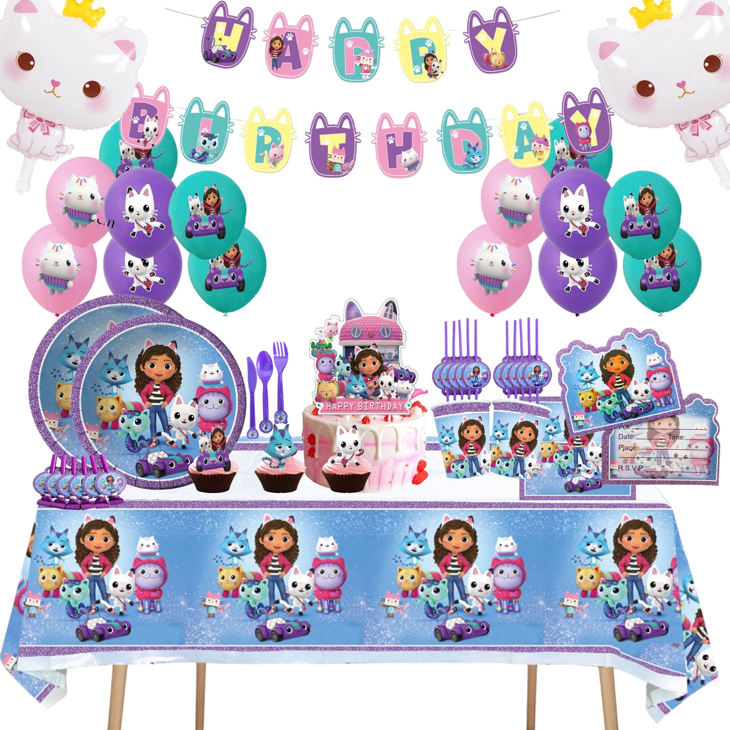 Gabby’s Dollhouse birthday party decorations and tableware set for kids.