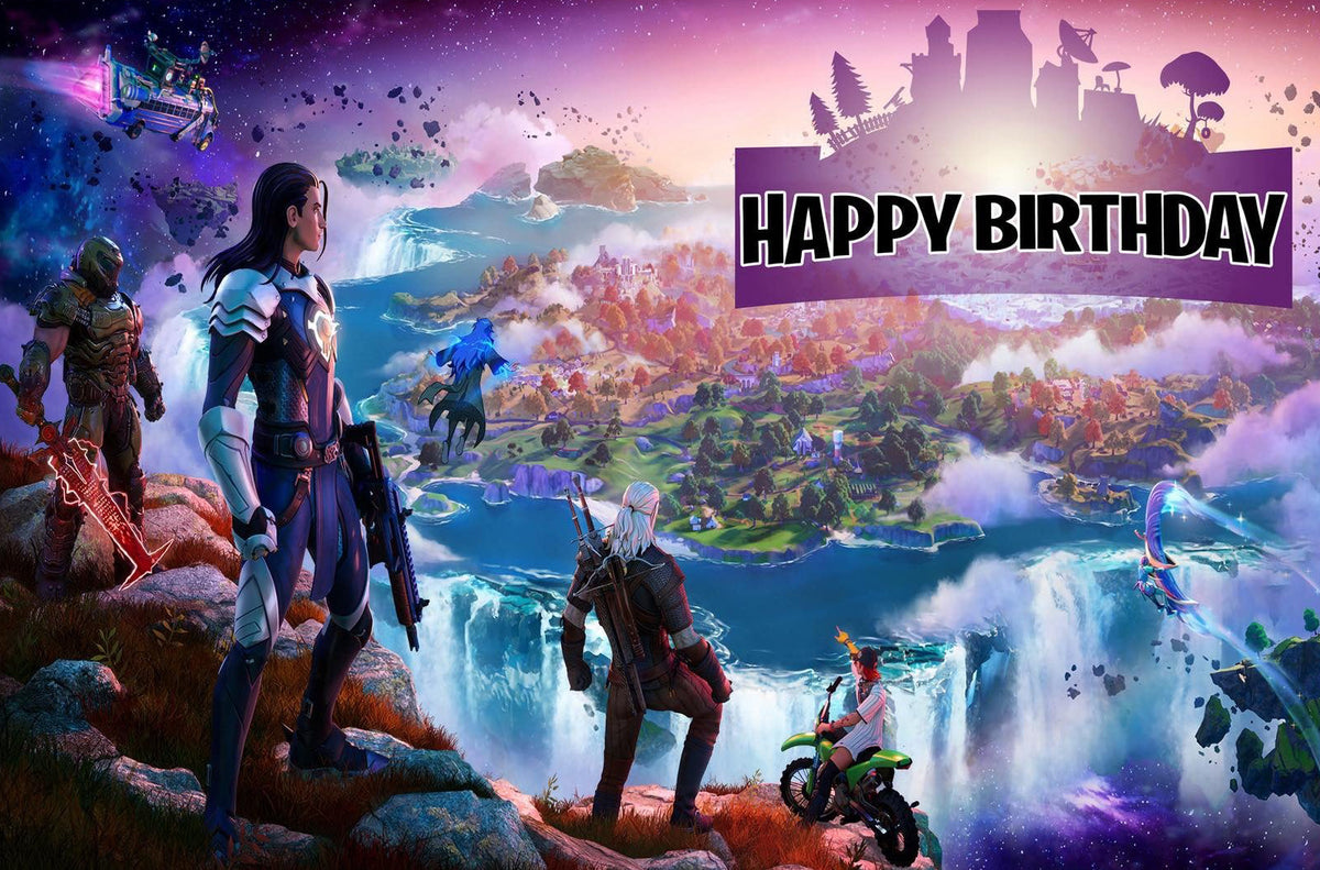 Fortnite-themed party backdrop by Shopping Island featuring colorful gaming scenery for fun event decoration.
