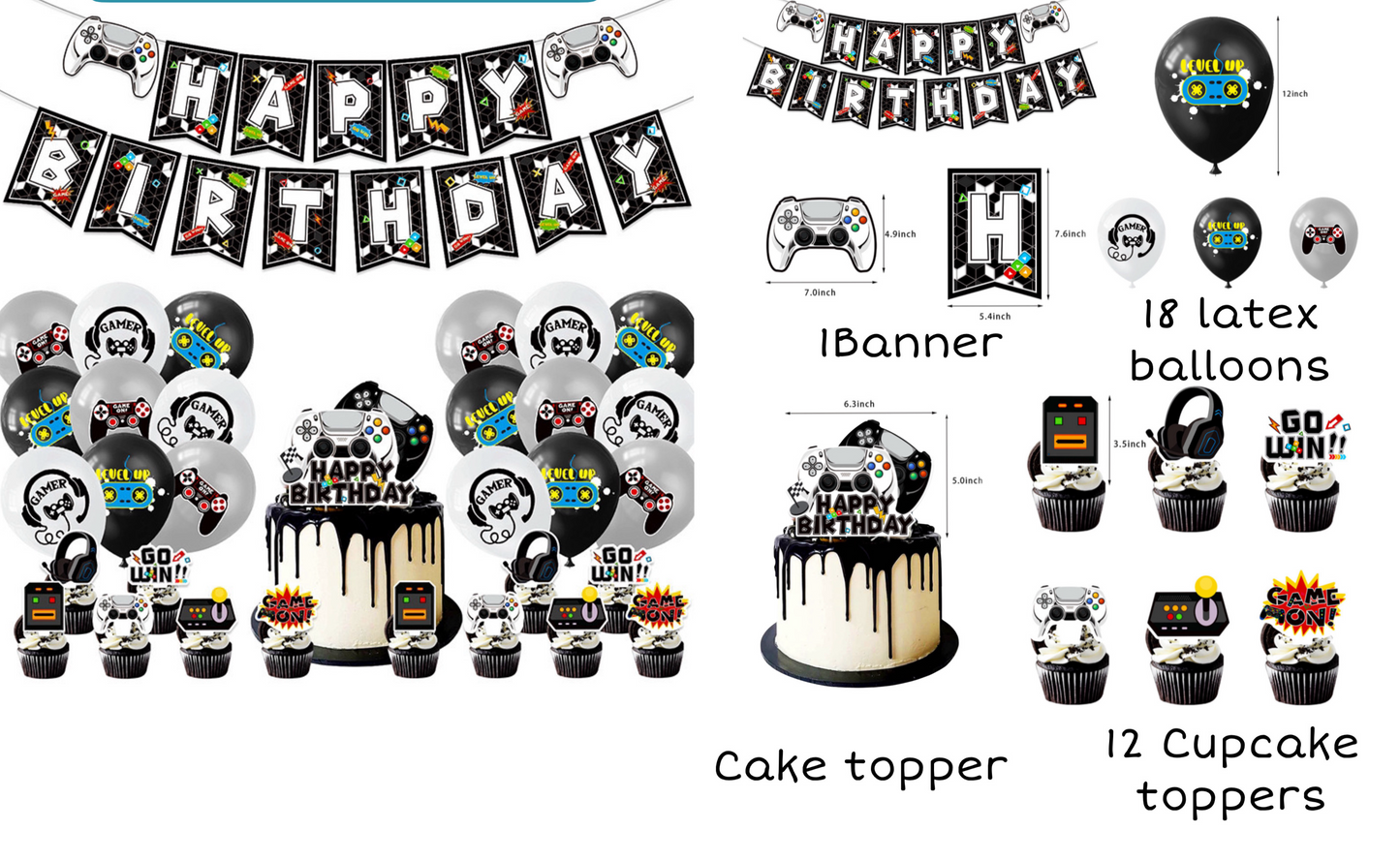 Gamer birthday party decorations and tableware set for kids.