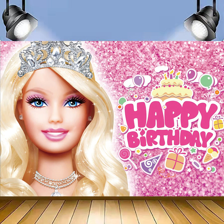 Colorful Barbie birthday party decorations set by Shopping Island with balloons, banners, and themed accessories for celebration.