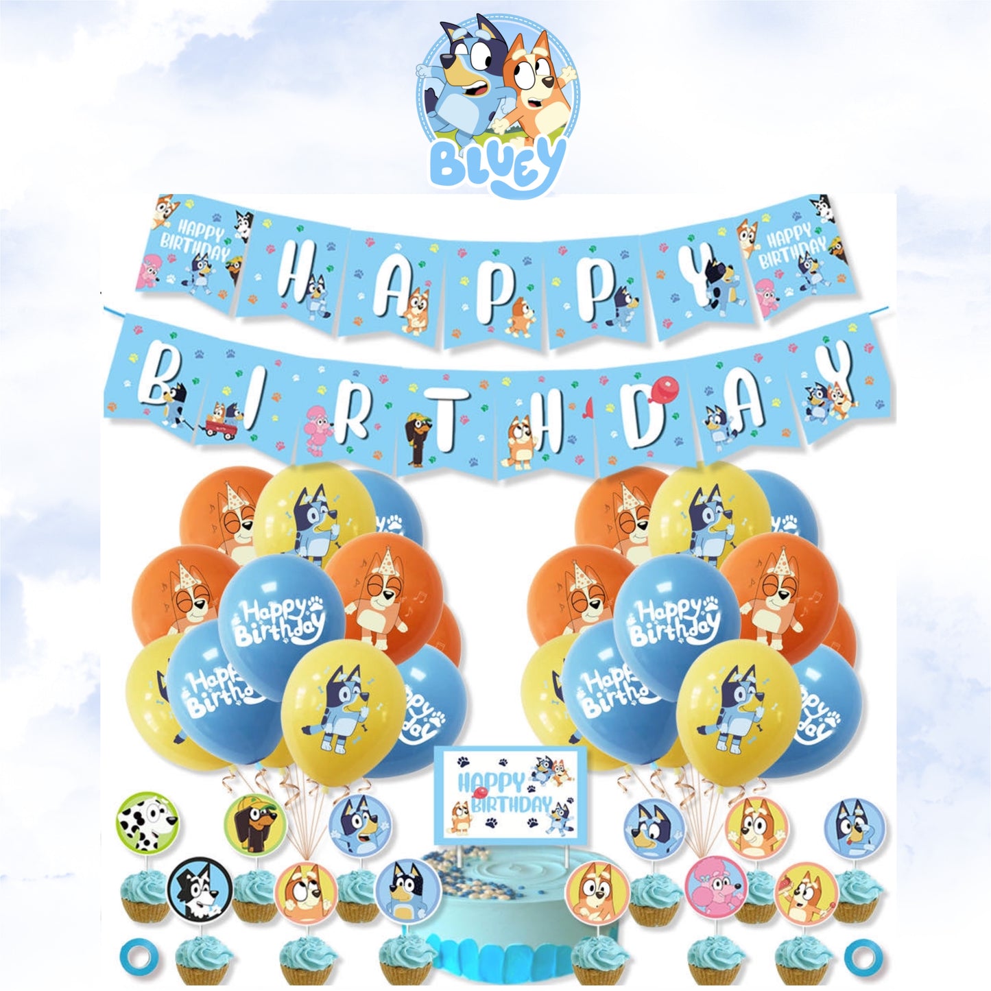 Bluey birthday party decorations and tableware set for kids parties.