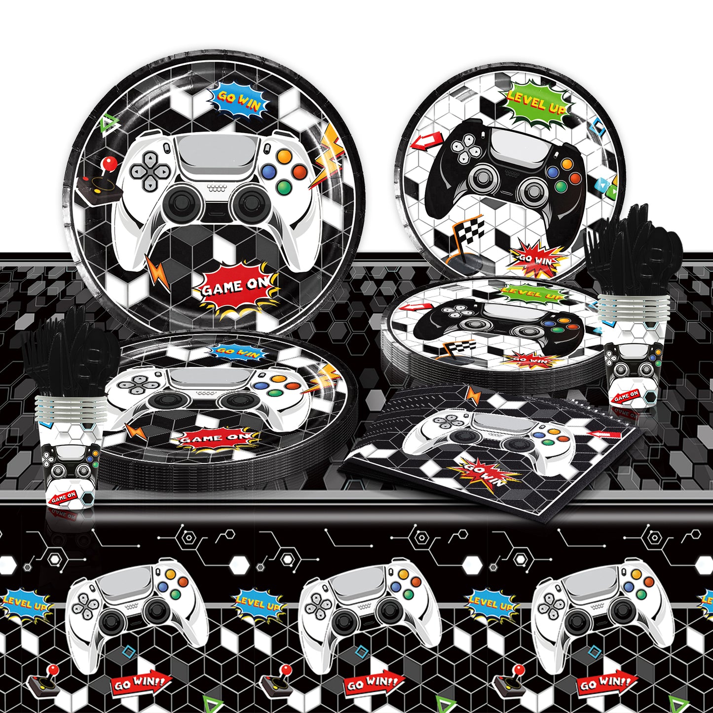 Gamer birthday party decorations and tableware set for kids.