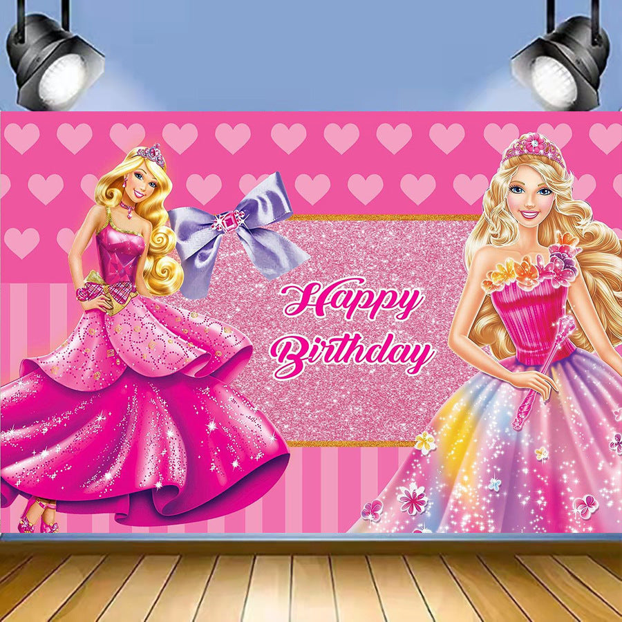 Colorful Barbie birthday party decorations set with balloons, banners, and themed accessories from Shopping Island.