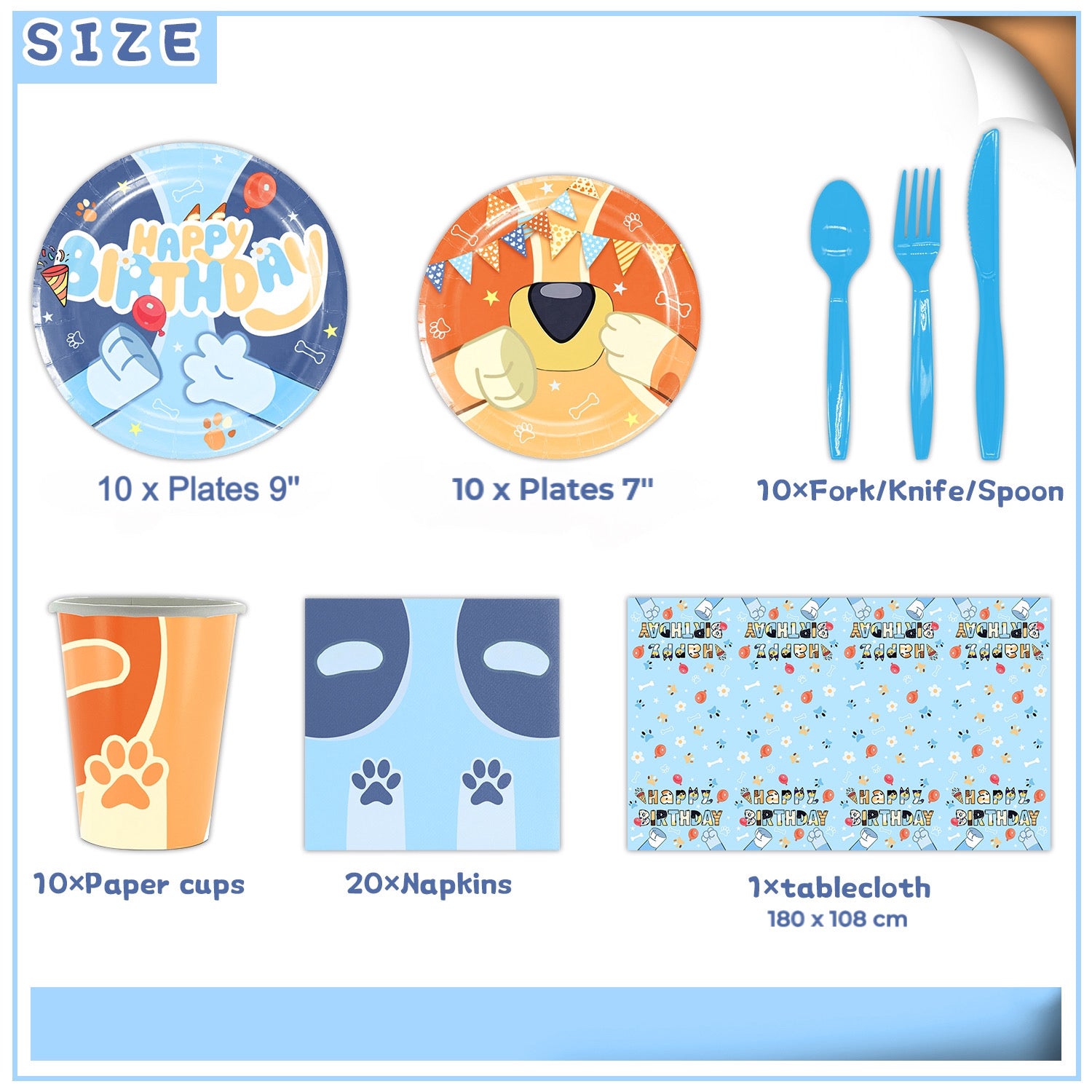 Bluey birthday party decorations and tableware set for kids parties.