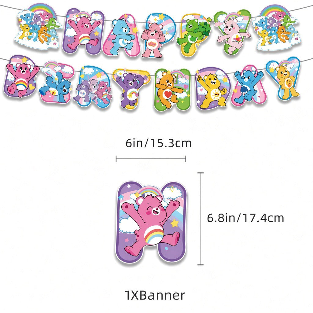 Colorful Care Bears birthday party decorations featuring themed banners, balloons, and tableware for celebration fun.