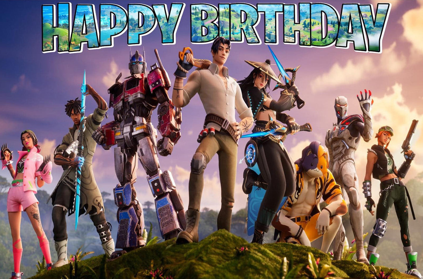 Fortnite-themed party backdrop by Shopping Island featuring colorful gaming graphics for event decorations