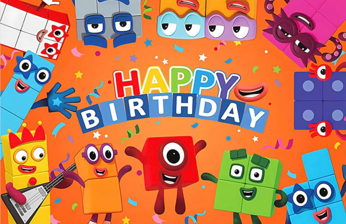 Colorful Numberblocks birthday party decorations with Numberblocks characters and vibrant banners for celebration and kids' parties.