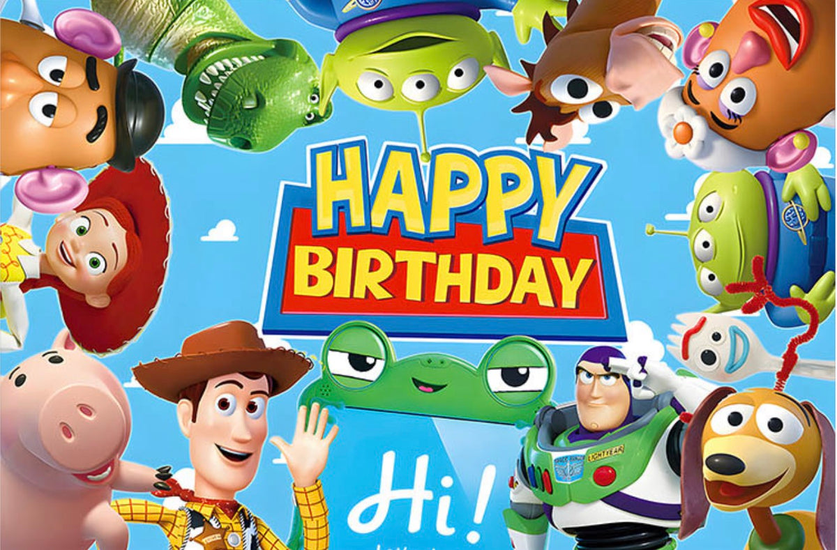 Colorful Toy Story-themed party decorations with Buzz Lightyear and Woody characters for celebration events.