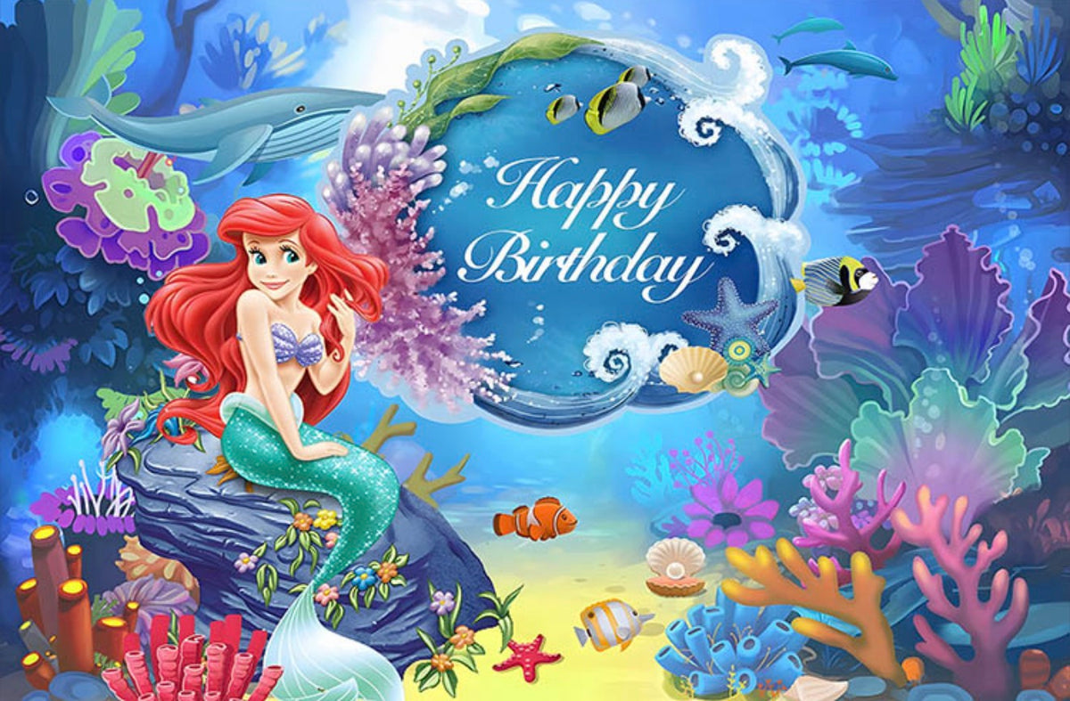 A colorful display of Ariel-themed birthday party decorations with banners, balloons, and themed tableware from Shopping Island.