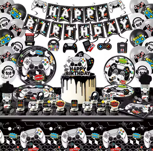 Gamer birthday party decorations and tableware set for kids.