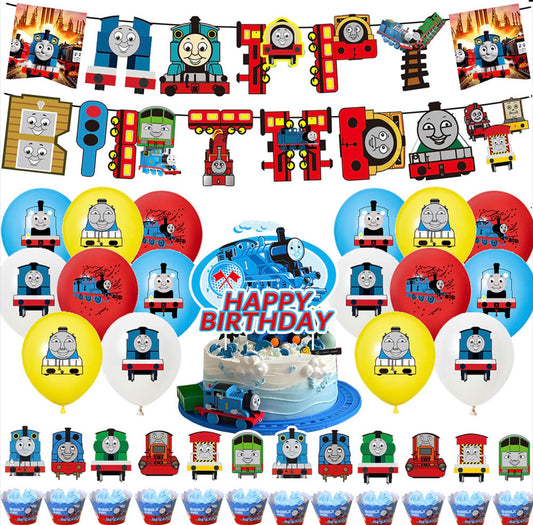 Thomas & Friends party decorations for celebration, featuring colorful banners and themed hanging decorations for kids' parties.