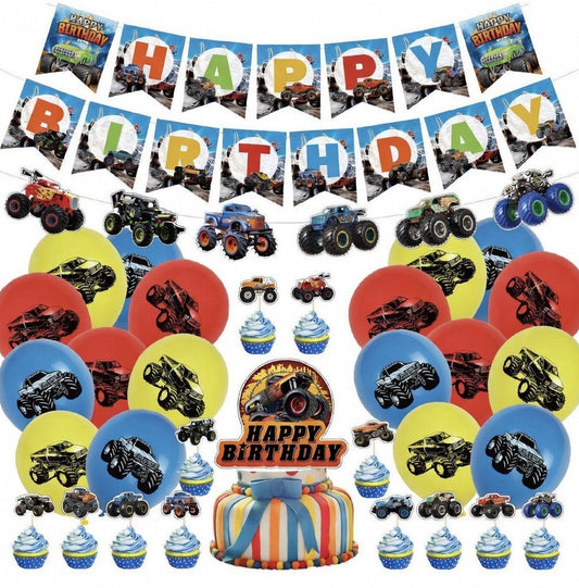 Juego de decoraciones para fiesta de cumpleaños de camiones monstruo