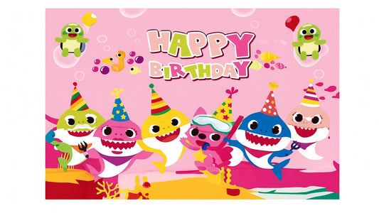 Baby Shark party backdrop and tablecloth set from Shopping Island, featuring colorful underwater sea life decorations.