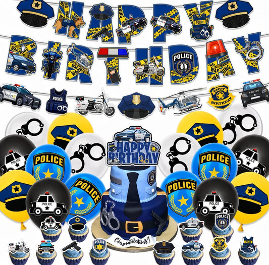 Police birthday party decorations from Shopping Island, featuring themed banners, balloons, and table decor for a police-themed celebration.