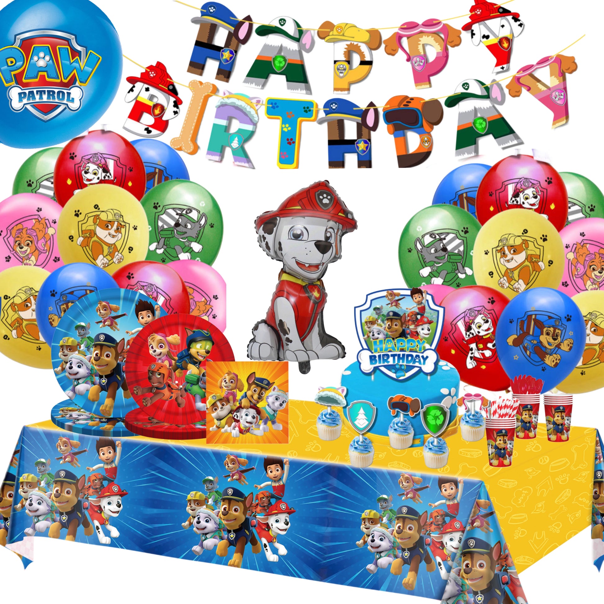 Paw Patrol birthday party decorations and tableware for kids.