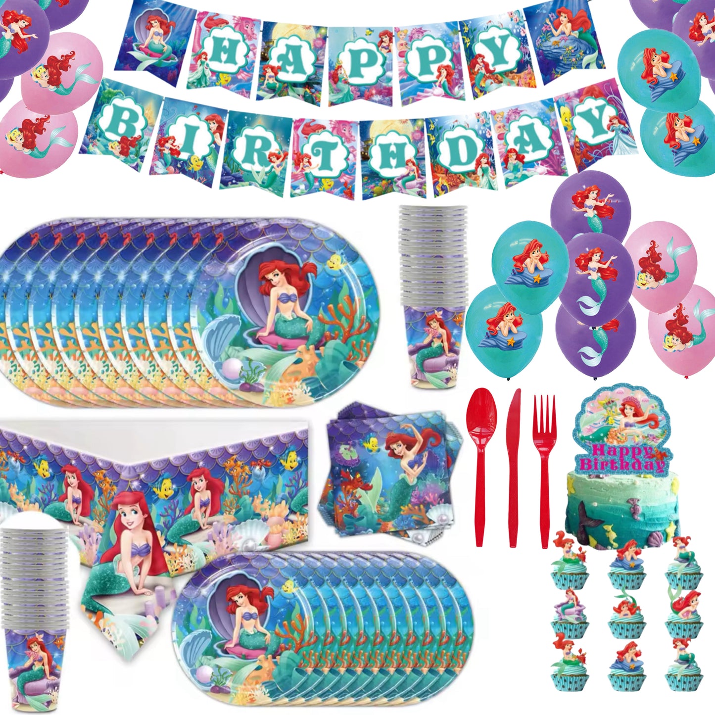 Ariel party supplies, complete decoration set for kids birthdays.