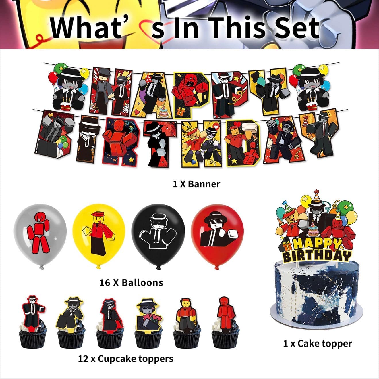 Roblox Forsaken gamer birthday party decor set with balloons and banners, available with fast shipping across Europe.