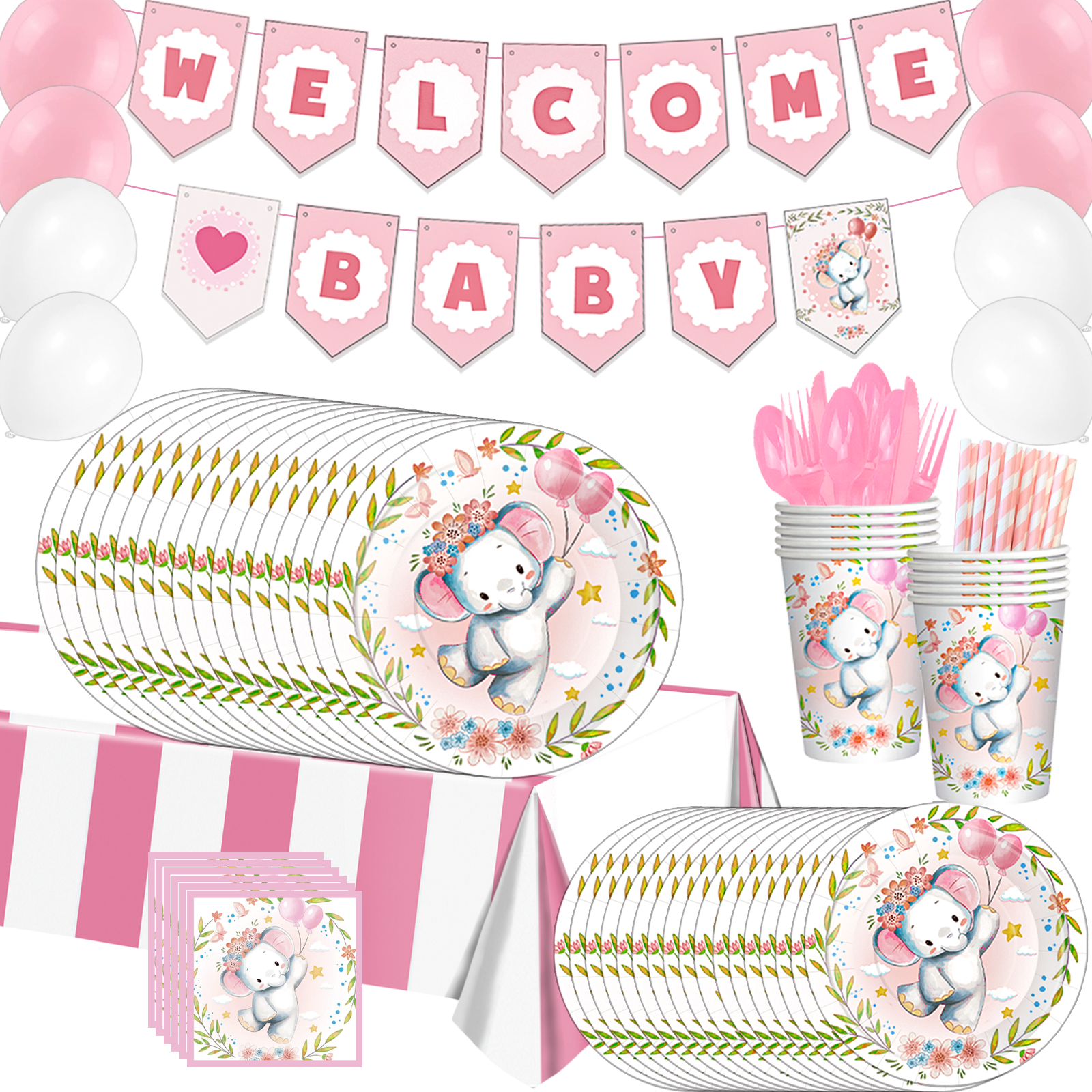 Pink elephant baby shower party decorations set-table decor.