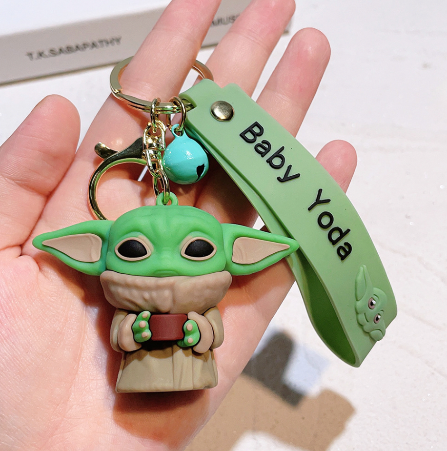 Baby Yoda having coffee Keychain.