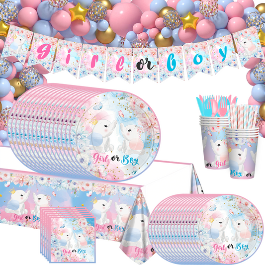 Elephant Gender Reveal Deluxe Party Set – Complete Table Decor Kit.