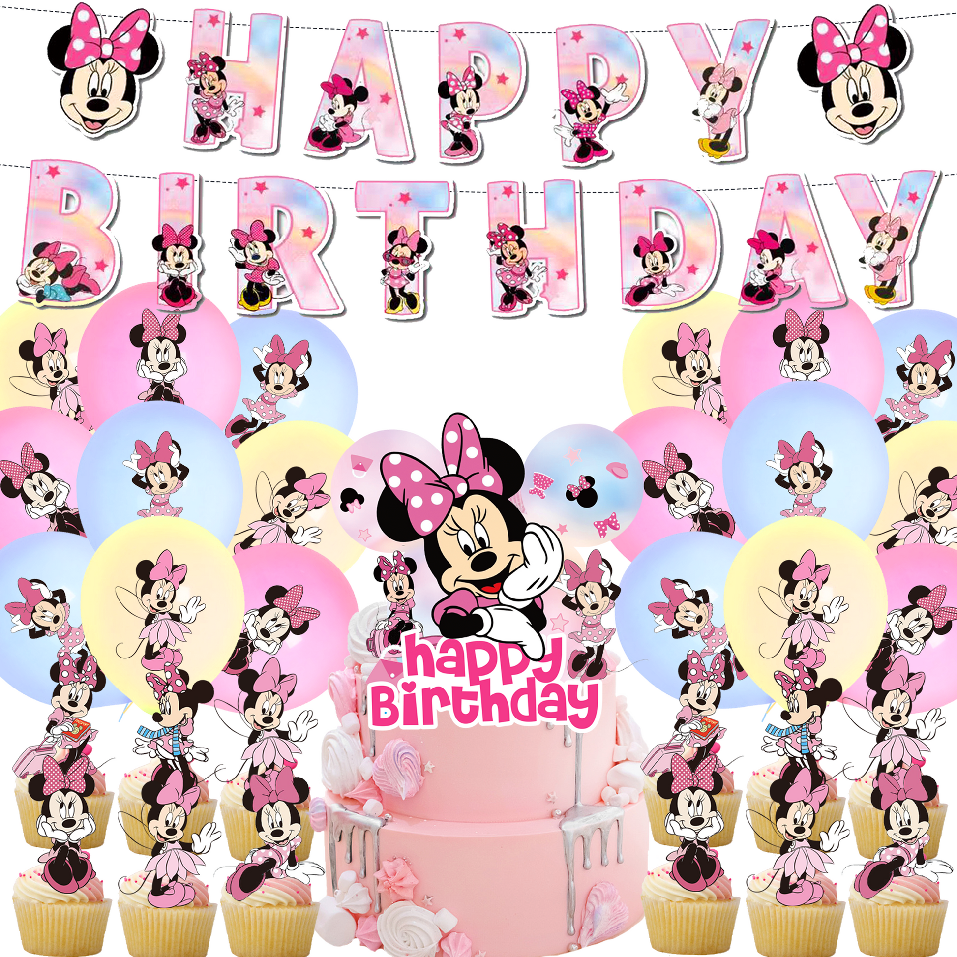 Minnie pink pastel party decorations set-table decor.